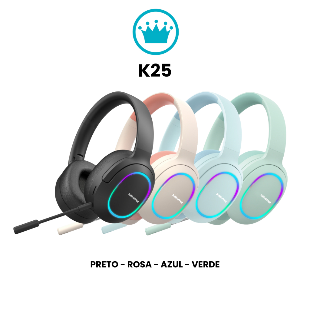 Fone De Ouvido Gamer Bluetooth Headset RGB Sem fio K25 KIMASTER Headphone Microfone Removível Jogos