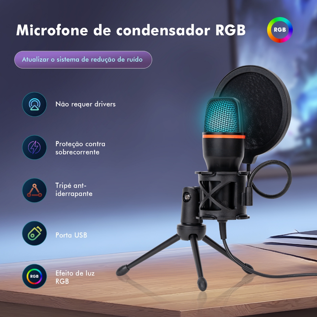 Microfone USB Para Jogos com Cancelamento de Ruído Plug-and-Play Streaming KTV em Oferta na Shopee