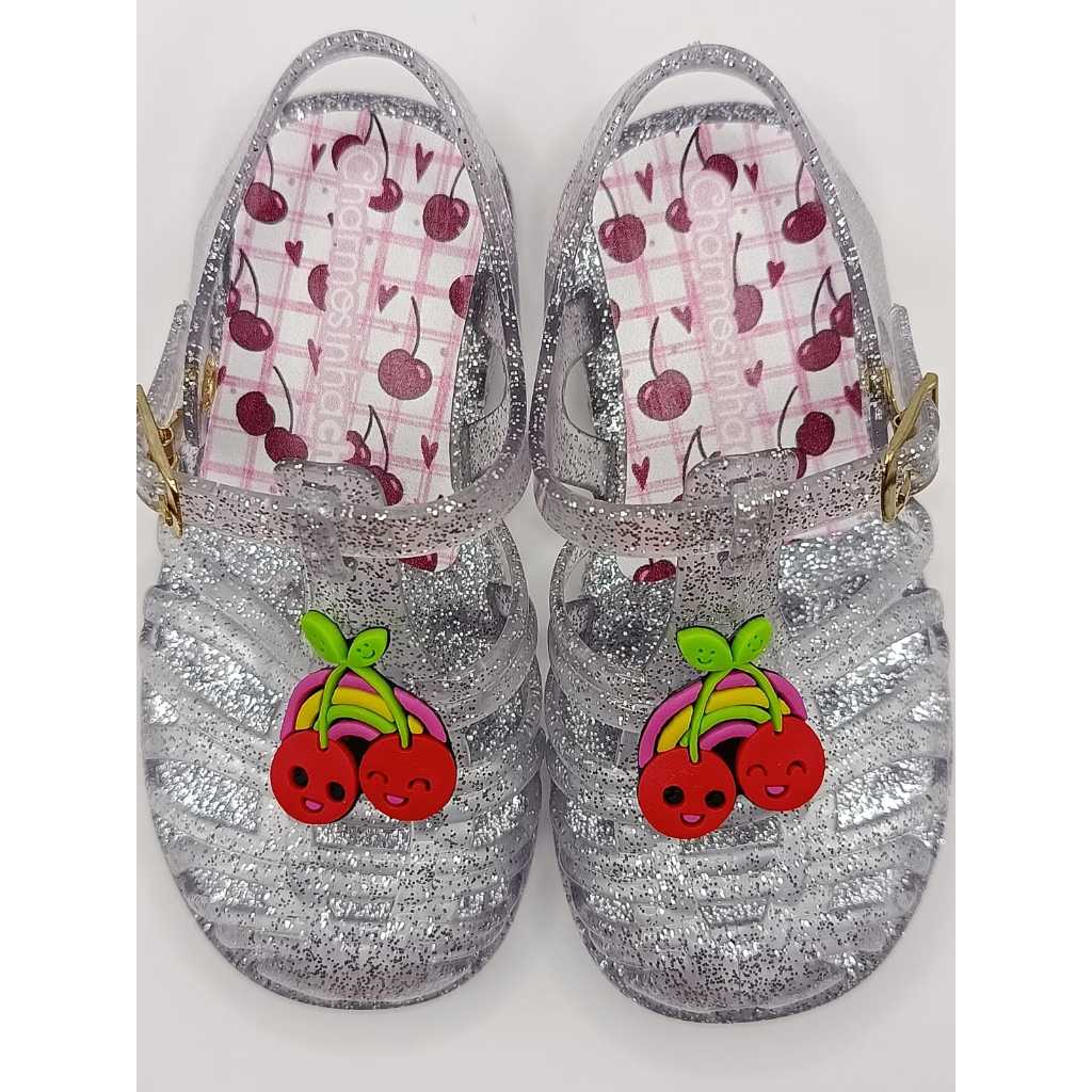 Sandália Sapatilha Infantil Cerejinha Charmosinha Chic Cristal Glitter Confortável Festa e Dia a Dia
