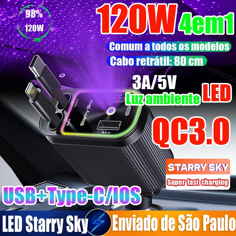 Carregador de carro 120w Carregador Tipo C  USB  Carregador Veicular Rápido com LED Starry Sky (Extensível)para iPhone