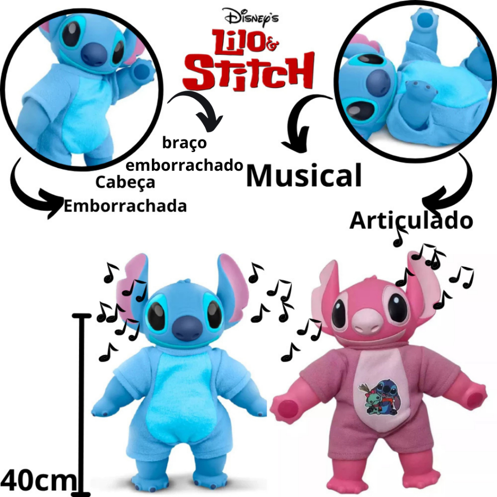 BONECO LILO STITCH ARTICULADO COM MUSICA 40 CM CABEÇA DE BORRACHA,BRAÇOS ARTICULADOS E EMBORRACHADOS