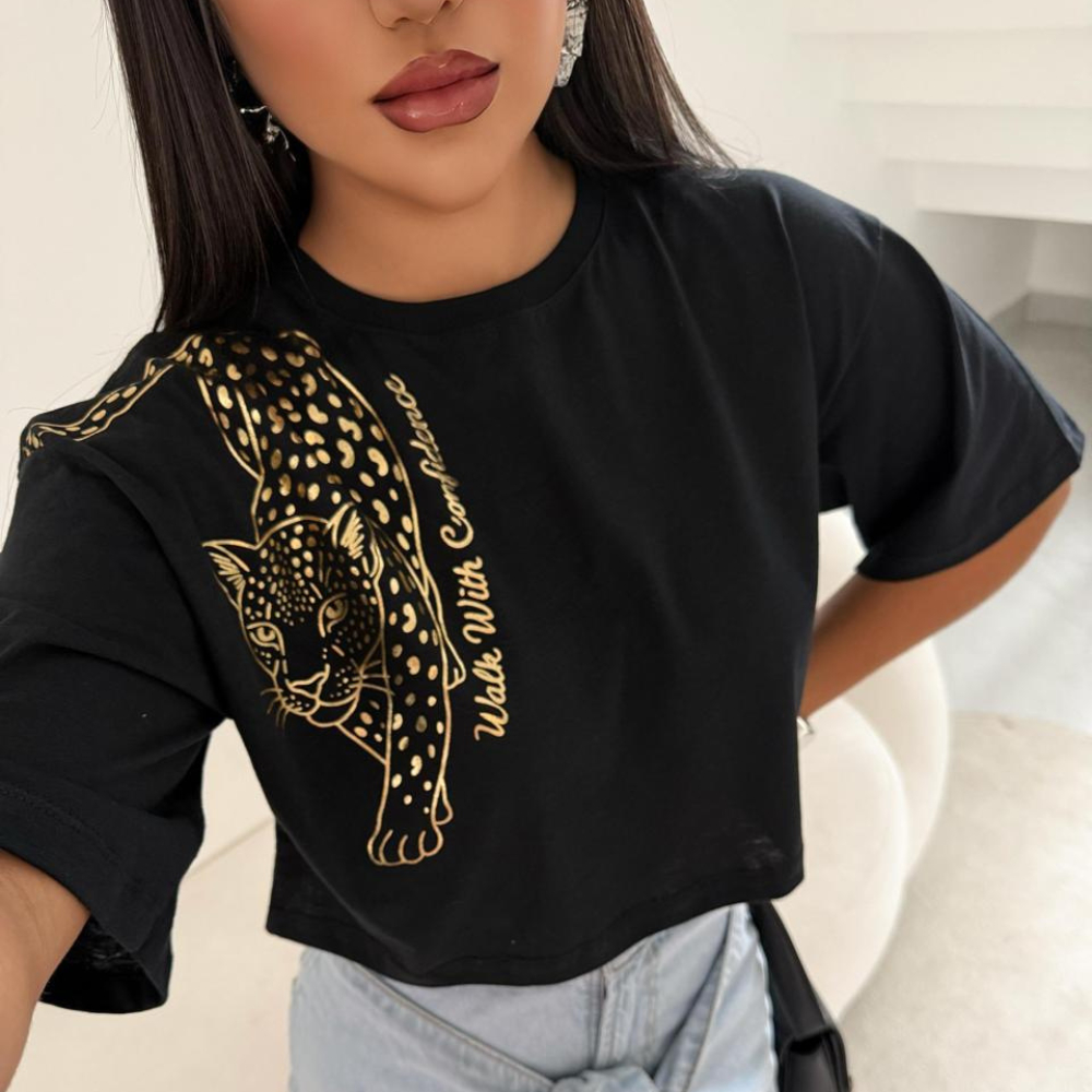 Cropped Oversized Feminino Estampado Onça c/ Foil 100% Algodão