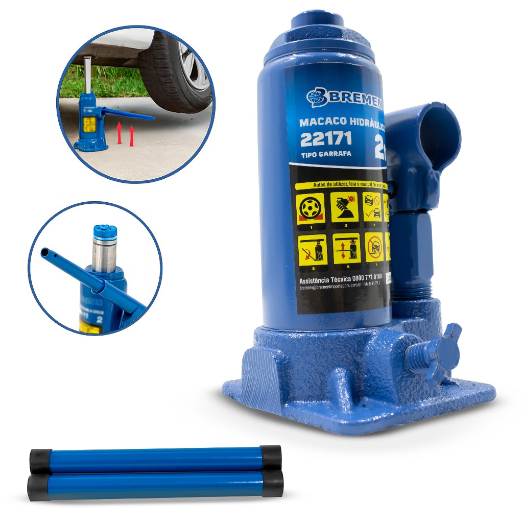 Macaco Garrafa Bremen 2 Toneladas Altura 148 a 228 mm Aço Pistão Hidráulico Elev