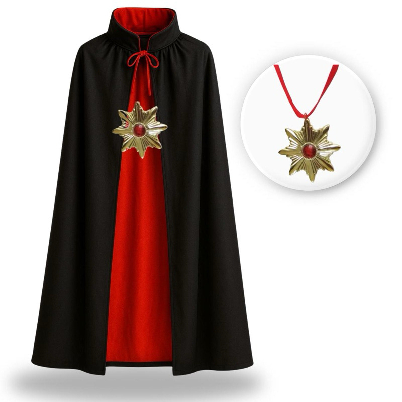 Fantasia de Vampiro Drácula Capa Dupla Face Preta e Vermelha e Colar Brasão Halloween UNISSEX