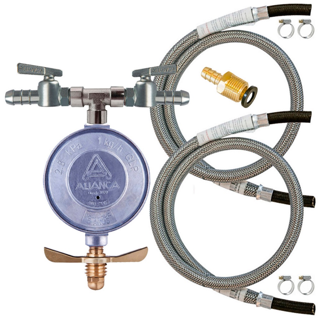 Regulador De Gás Duplo Aliança 1kg/h + 2 Mangueiras Malha Aço + Adaptador Espigão + Anel **