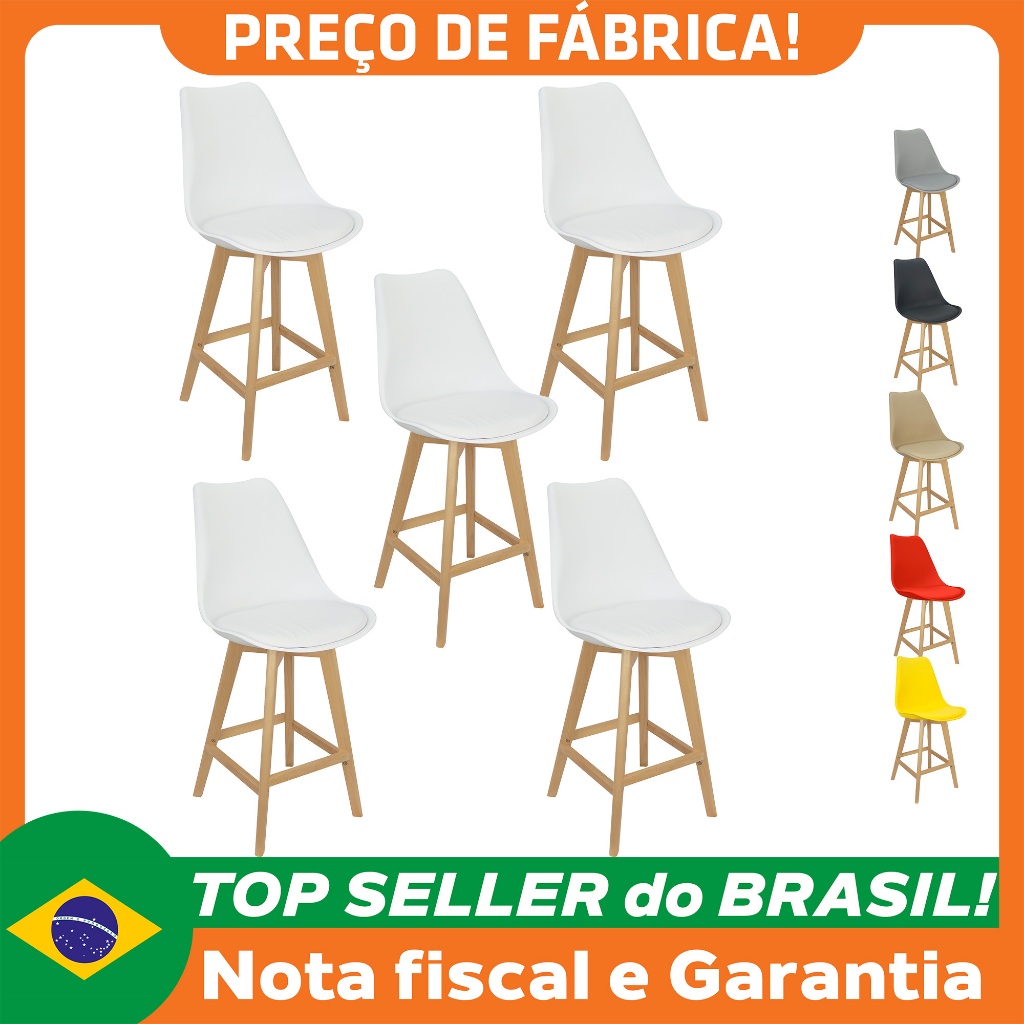 Kit 5 Banquetas Monty Leda Luisa Saarinen Alta Base Fixa Madeira - Lianto decor
