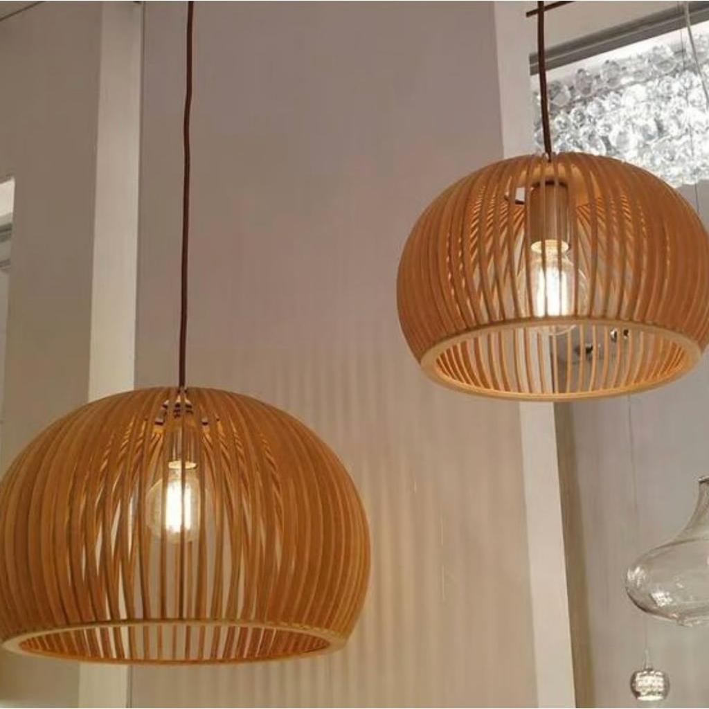 Kit 4 Iluminaria Lustre Pendente Artesanal Em Madeira Para Ambientes Moderno e Aconchegante