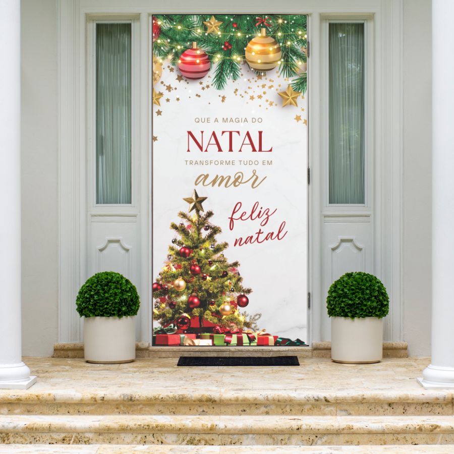 Capa de Porta Decorativa Feliz Natal 0,85x2,10m em Tecido C/ Elástico Tema Natalino Tecido Sublimado Festa Final De Ano
