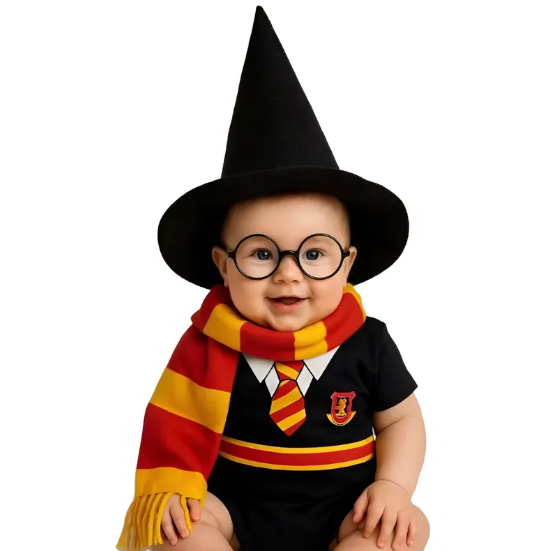 Body Bebe Mesversario Fantasia Infantil Tematico Harry Potter Completo com Acessórios