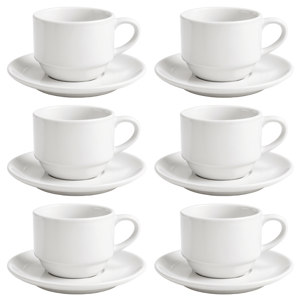 Jogo com 6 Xícaras em Porcelana Premium Modelo Hotel Restaurante Empilhável 200ml