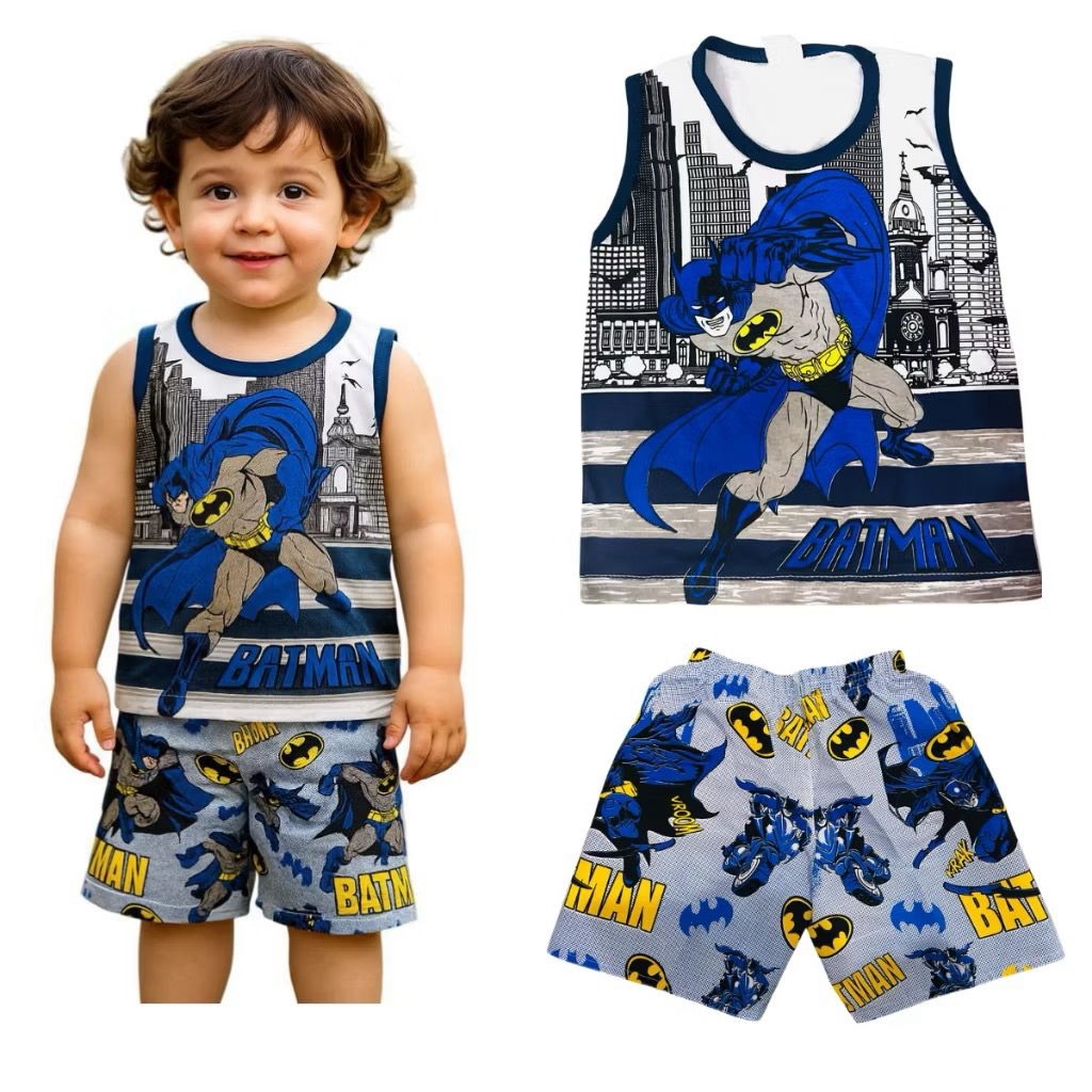 Conjunto Infantil batman Criança Roupa Juvenil Menino Masculino verão camiseta regata algodão short lançamento ano novo.
