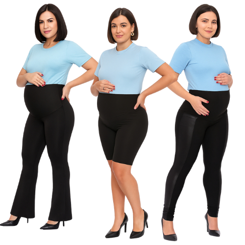Kit Maternidade com3 Peças Gestante Flare + Bermuda + Calça Montaria Legging Preta para Grávida