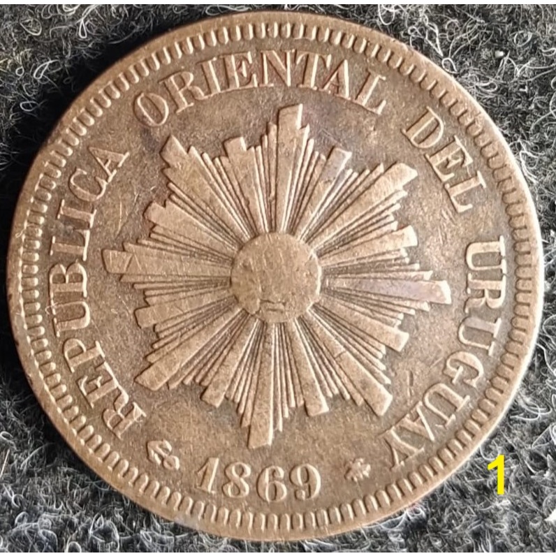 JR-1037A Moeda Uruguai 2 Centavos (Centésimos) 1869 Bronze - Cunhagem "A"  Paris  -  Período Peso Uruguaio 1862-1974
