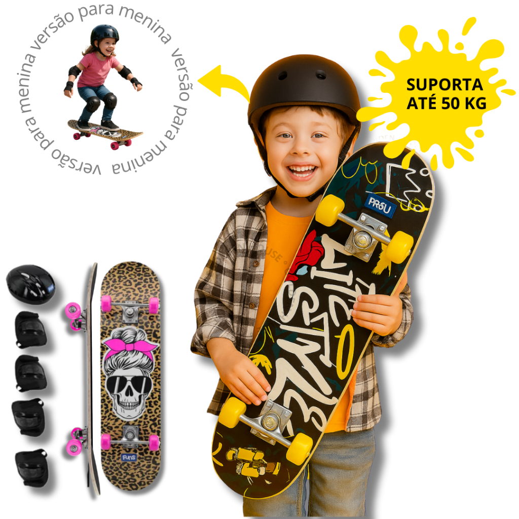 Skate Infantil Semi Profissional + Kit Equipamentos Segurança - Suporta até 50kg Menino e Menina em Oferta na Shopee