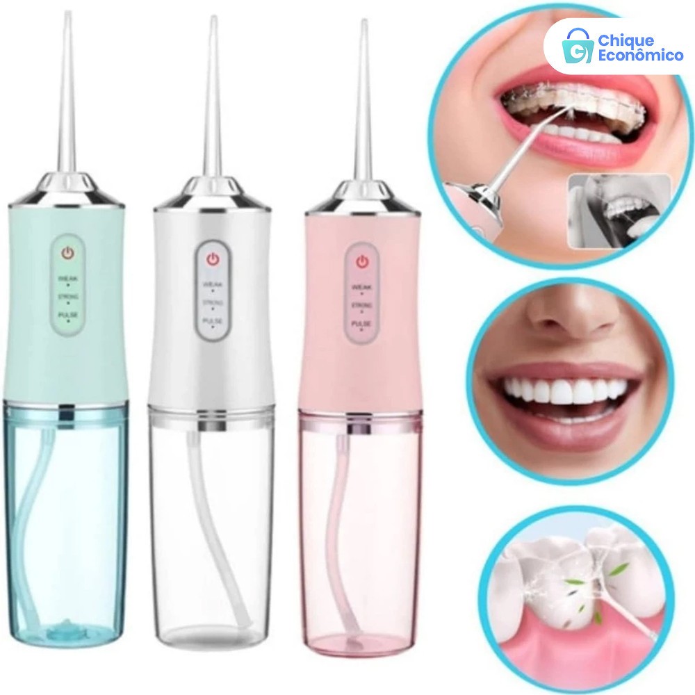 Irrigador Dental Oral Recarregável Higiene Limpeza Bucal Jato Água Fio Dental Limpador de Dente Kit 3 em 1 USB