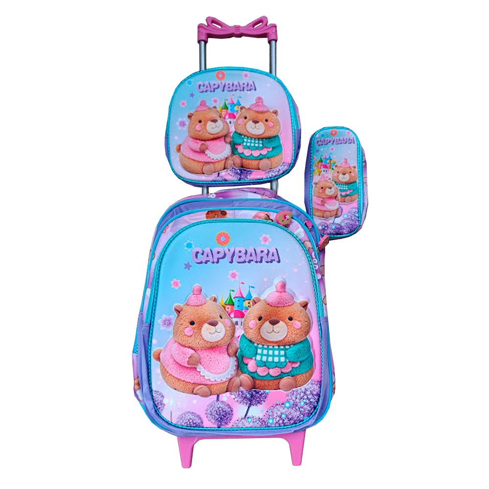 Kit Mochila da Capivara em 3D Capybara com Rodinhas + Lancheira Térmica + Estojo Escolar Infantil em Oferta na Shopee
