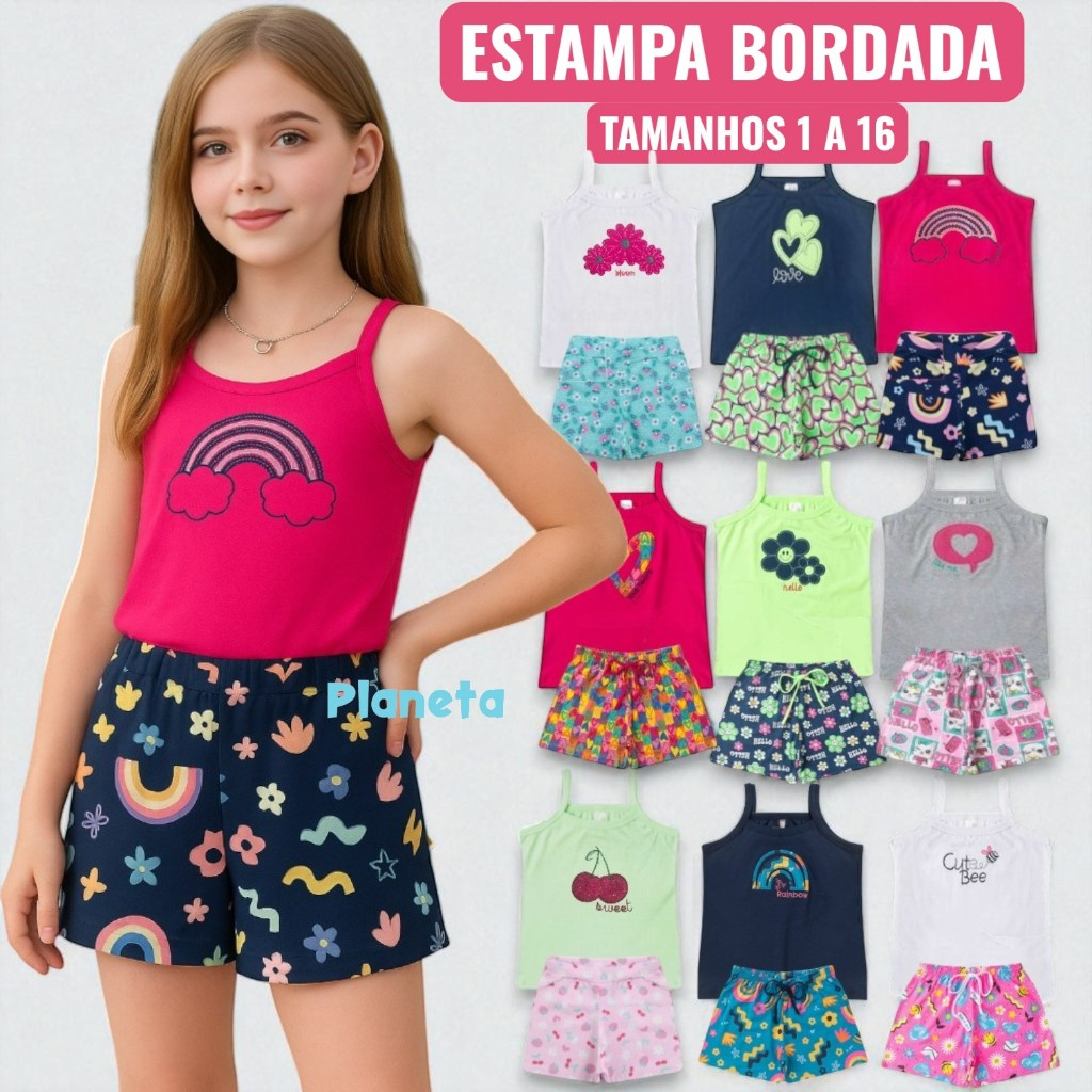Kit 4 peças Infantil Juvenil Menina com Blusa Bordada com Alça e Shorts Estampado em Oferta na Shopee
