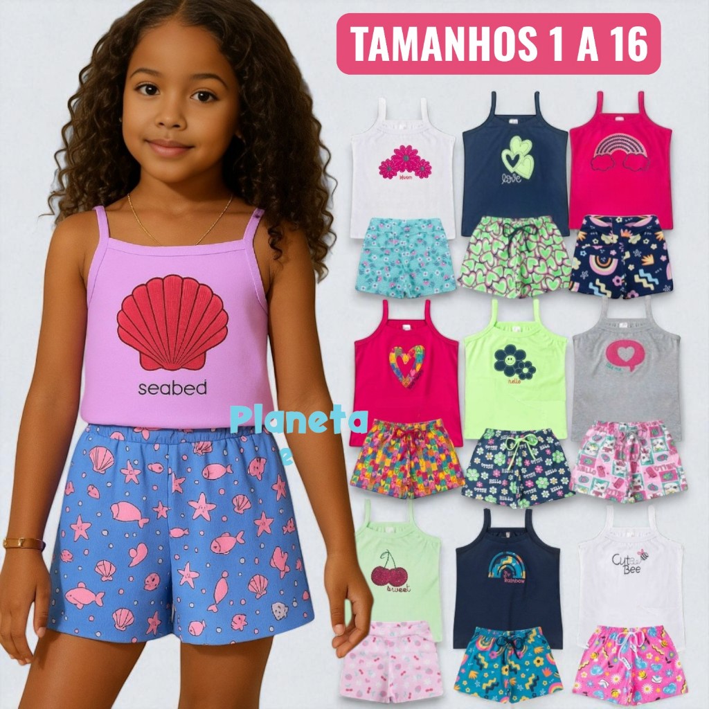 Kit 10 Peças Menina Blusa Bordada com Alça e Shorts Estampado 1 ao 16 Infantil Juvenil