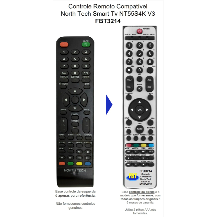 Controle Remoto Compatível North Tech Smart Tv NT55S4K V3 FBT3214
