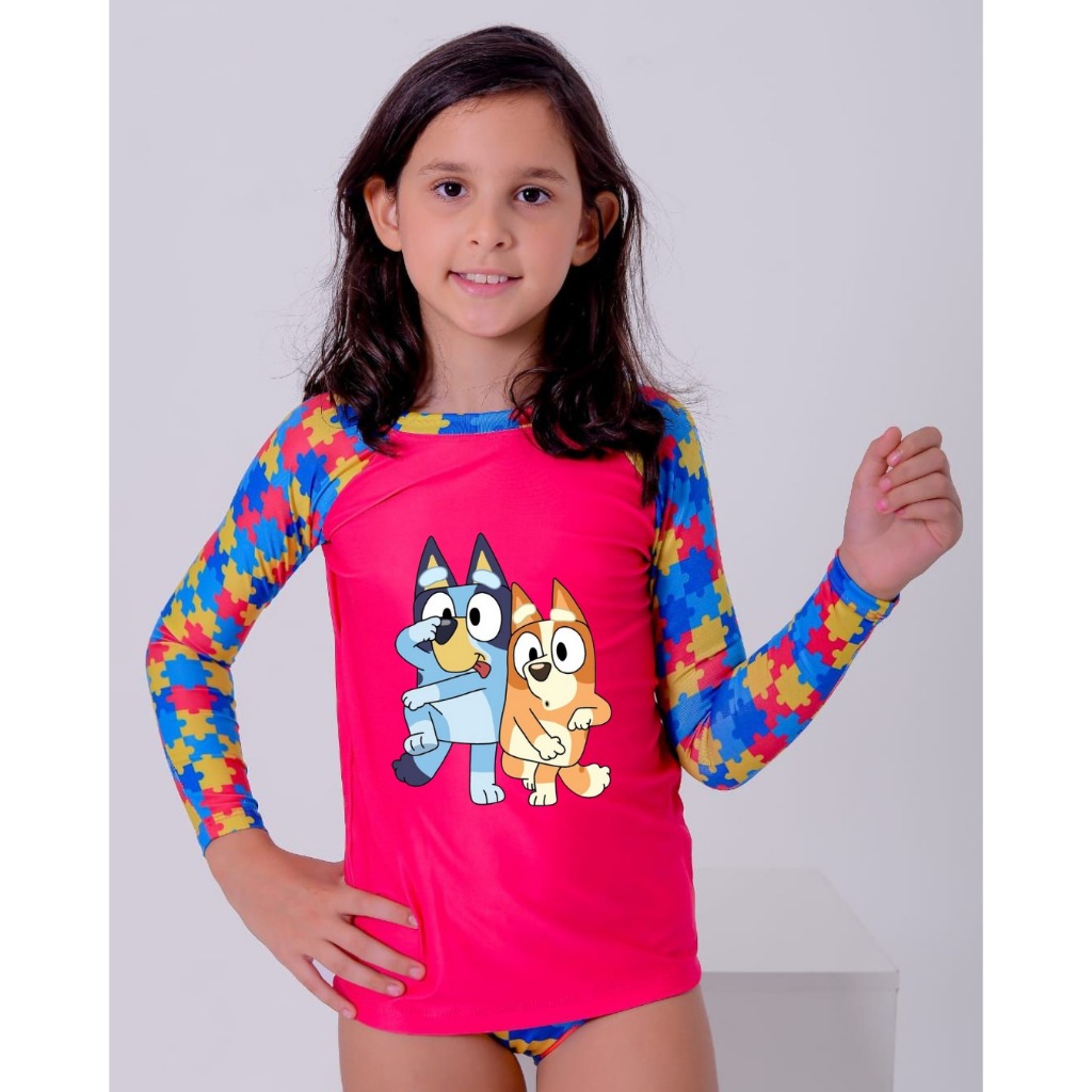Conjunto UV50+ Autismo Juvenil Feminino PERSONALIZADO Praia Piscina Camisa Manga Longa + Calcinha PERSONALIZADO