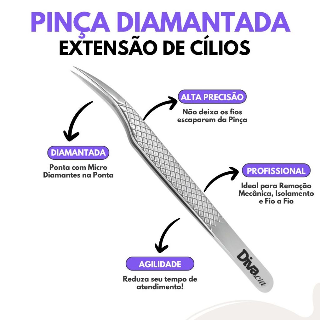 Pinça Semi Curva Diamantada Remoção Mecânica e Isolamento de Cílios - Extensão de Cílios