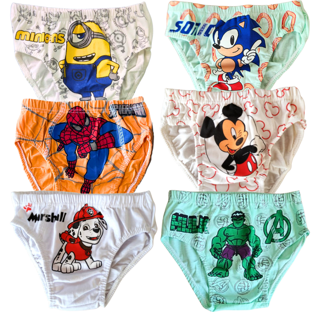 Kit 9 Cuecas Bebê Infantil Personagens 100% Algodão - Tamanho P - M - G Veste de 1 a 8 Anos em Oferta na Shopee