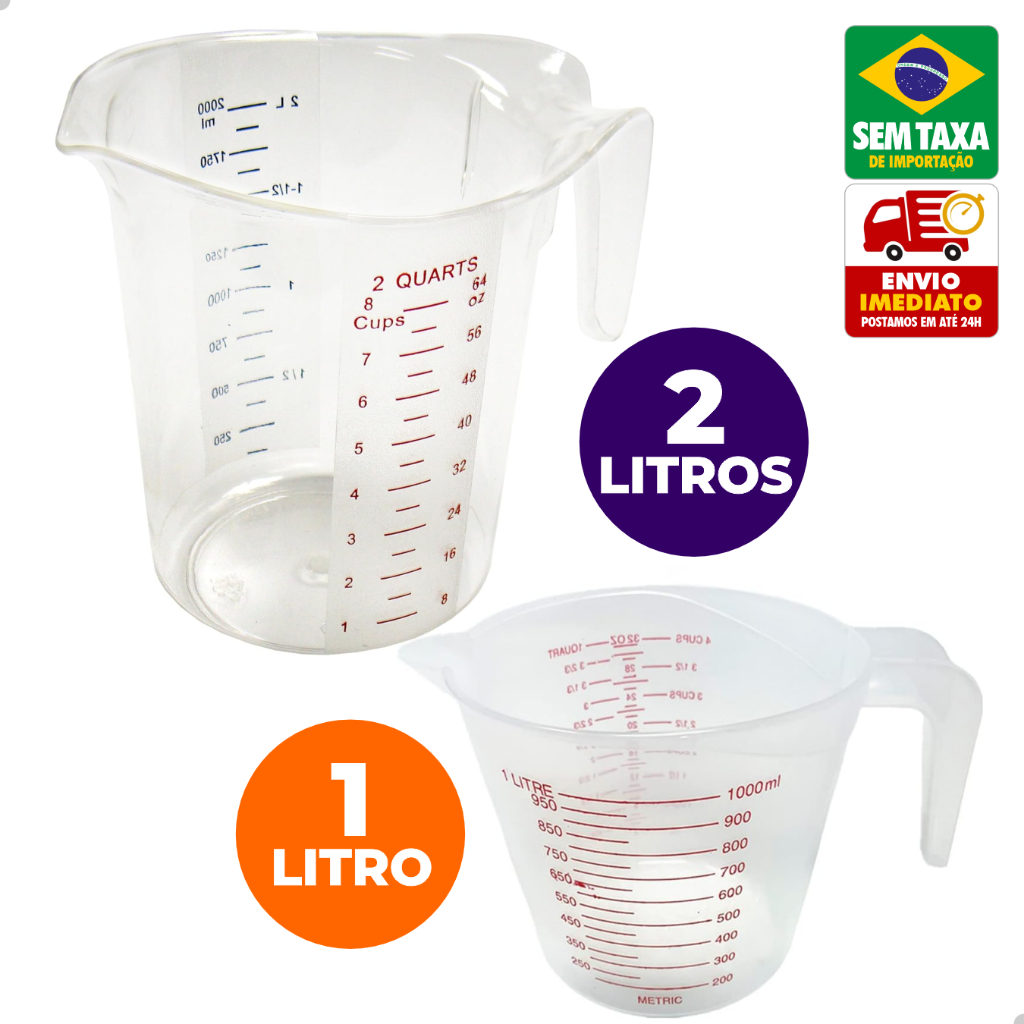 Kit Jarra Medidora de Plástico 1 e 2 Litros Cozinha com Alça Bico Preciso e Durável