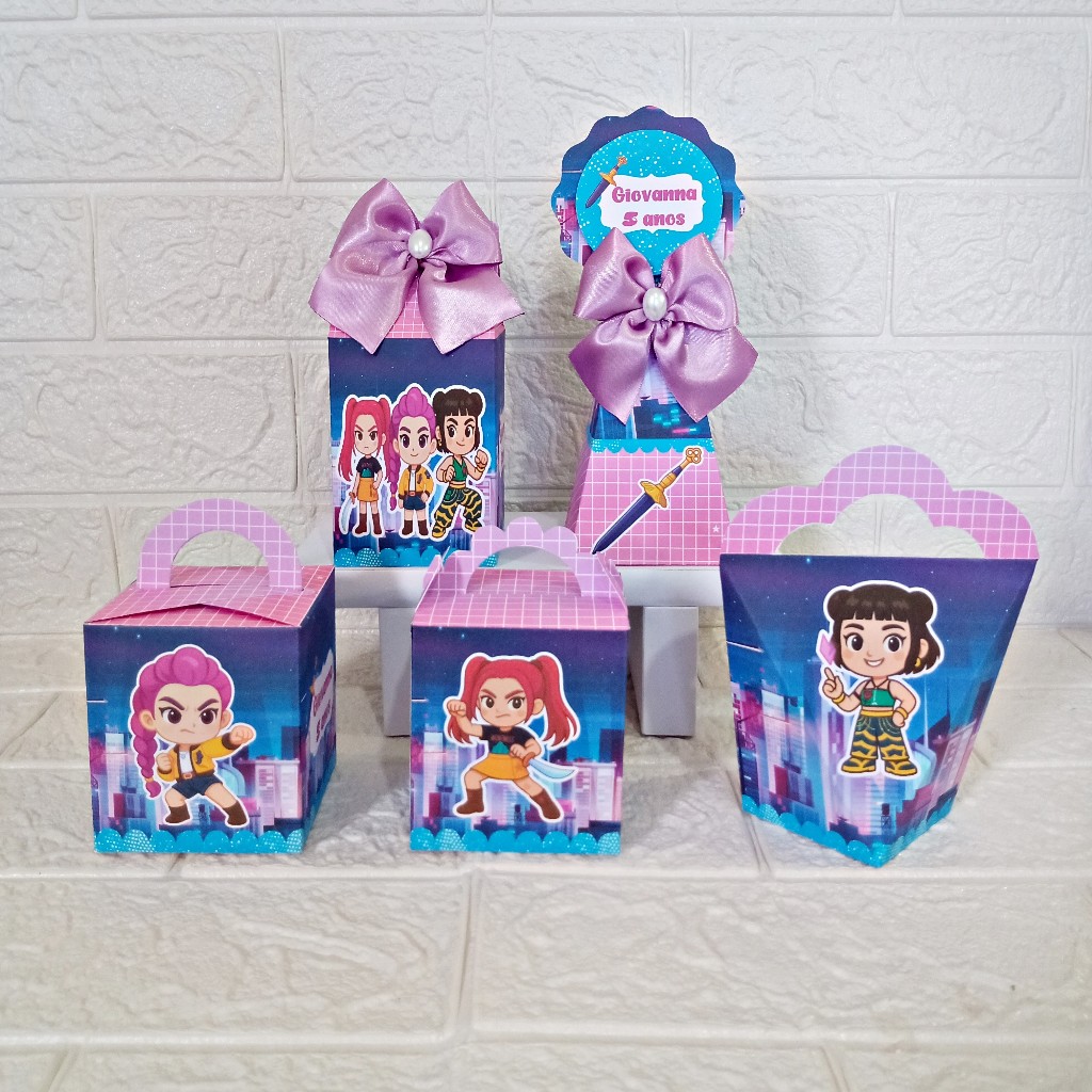 Kit Caixas Personalizadas Guerreiras do Kpop (SEMI-MONTADO) Tema infantil Aniversário Papelaria Lembrancinhas