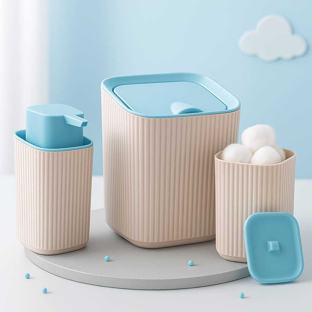 Kit 3 Pecas Linha Baby Com Lixeira 1,25 Litros Porta Sabonete Liquido E Porta Algodao Quarto Banheiro Decoração Higiene