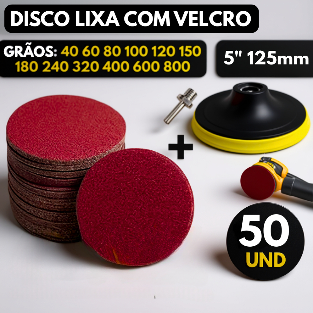 Kit Base Suporte Disco 125mm + 50 Lixas Sem Furos Com Velcro 5" Furadeira Esmerilhadeira em Oferta na Shopee