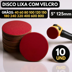 Disco de Lixa Velcro Circular 125mm 10 Unidades Sem Furos Lixadeira Roto Orbital para Ferro Metal Madeira e Massa