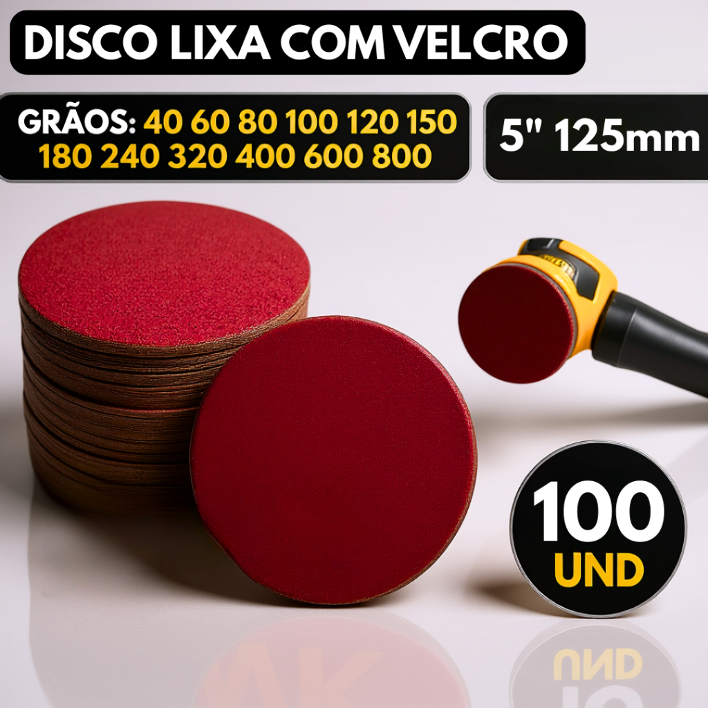 Kit 100 Disco de Lixa Velcro Circular 125mm Sem Furos Lixadeira Roto Orbital para Ferro Metal Madeira e Massa em Oferta na Shopee