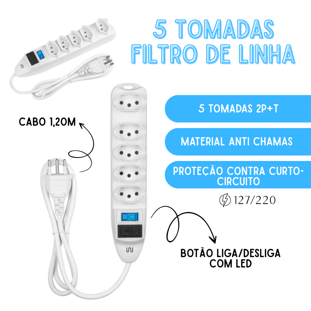 Filtro De Linha 5 Tomadas 2p +t Extensão Multilaser Wi300 Branco