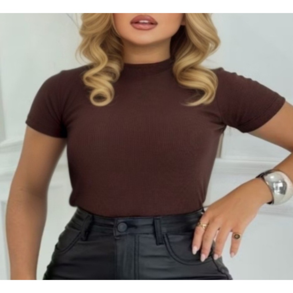 Blusa Blusinha Canelada Gola Alta com manga em Oferta na Shopee