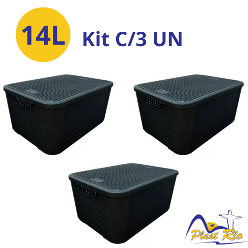 Kit 3 caixas organizadoras 14 litros preta Multiuso com Tampa Rattan