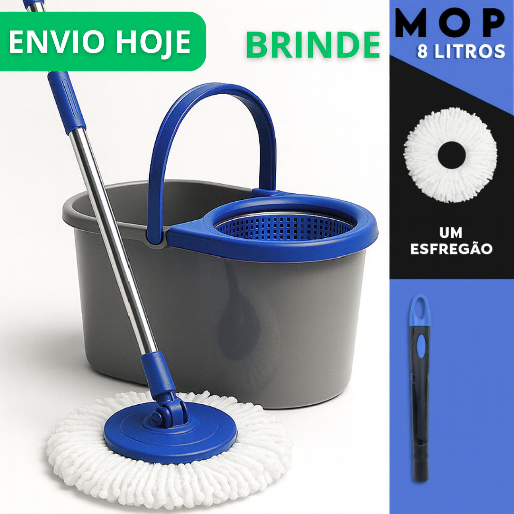 Mop Com Cabo Grande de 110 cm + 1 Refil - 8 Litros Cesto Móvel - Balde Centrífuga Limpeza