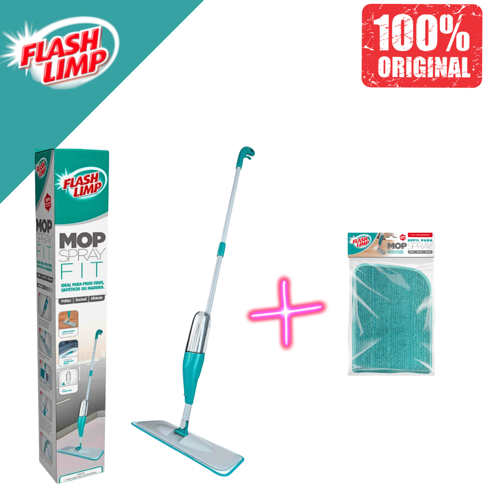 Mop Spray Fit Microfibra Verde + 1 Refis de Microfibra Reservatório 365ml Flash Limp Rodo