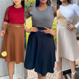 Saia Godê Canelada 3D Midi Moda Evangélica Lisa Várias Cores Feminina Com Cinto Fashion em Oferta na Shopee