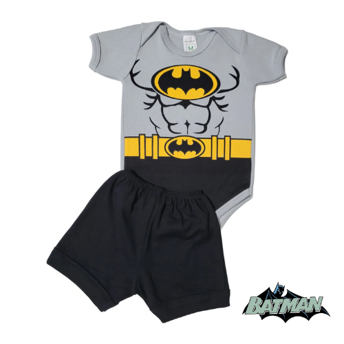 Kit Body Personagens+short Mesversário Roupa De Bebê BATMAN/C SHORT/PRETO