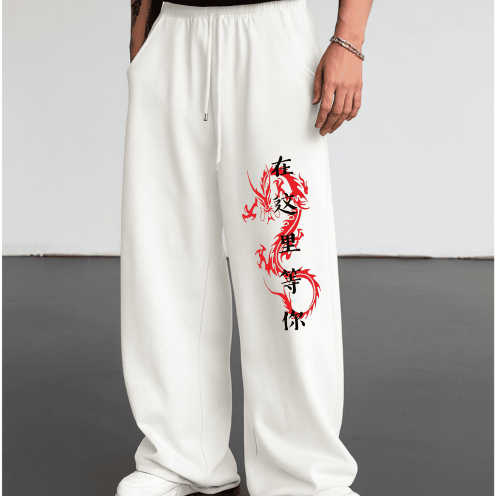 Moletom Calça Macia Larga Urban Style Wide Leg Flanelada Premium Tendência Hip Hop Modelo Dragão Vermelho Kanjis