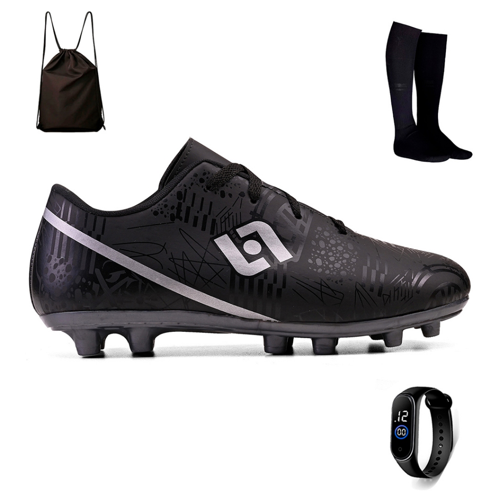 Kit Chuteira Masculina Adulto Trava Futebol Campo Costurada + Mochila Meiao e Relogio