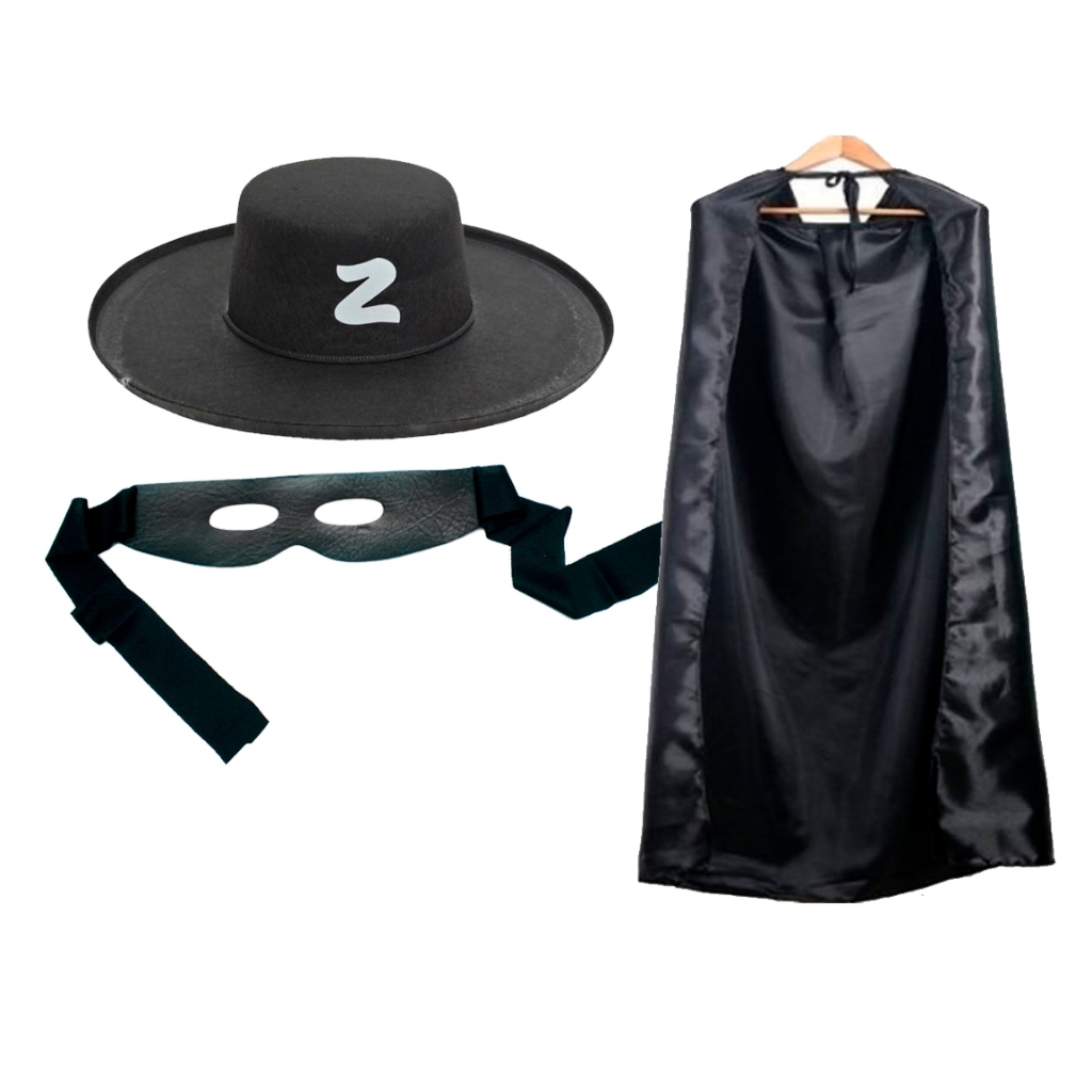 Kit Zorro Unissex C/3 Peças Capa Chapéu e Máscara Adulto