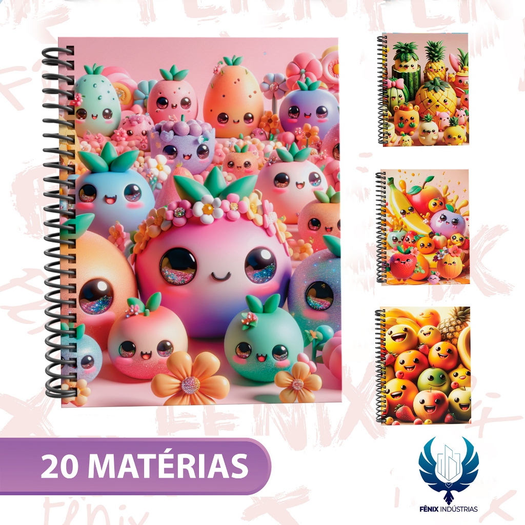 Caderno Universitário Capa Dura Linha Frutas 🍓🍊🍍 Coloridos, divertidos e cheios de personalidade!