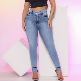 Calça Jeans Feminina Marmorizada com Lycra Cós Alto Modelo Empina bumbum em Oferta na Shopee