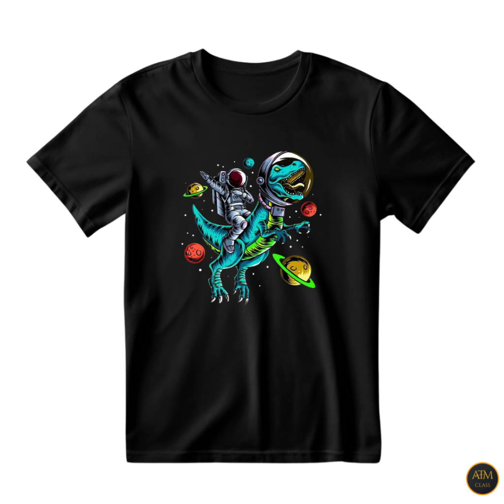 Camisa Unissex Astronauta E Dinossauro No Espaço Com Varios Planetas 100% Algodão - Envio Imediato