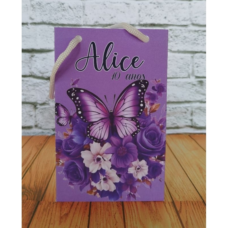 Sacolinha Surpresa PEGUE E MONTE Personalizada para Aniversário Jardim das Borboletas Lilas Borboleta roxa