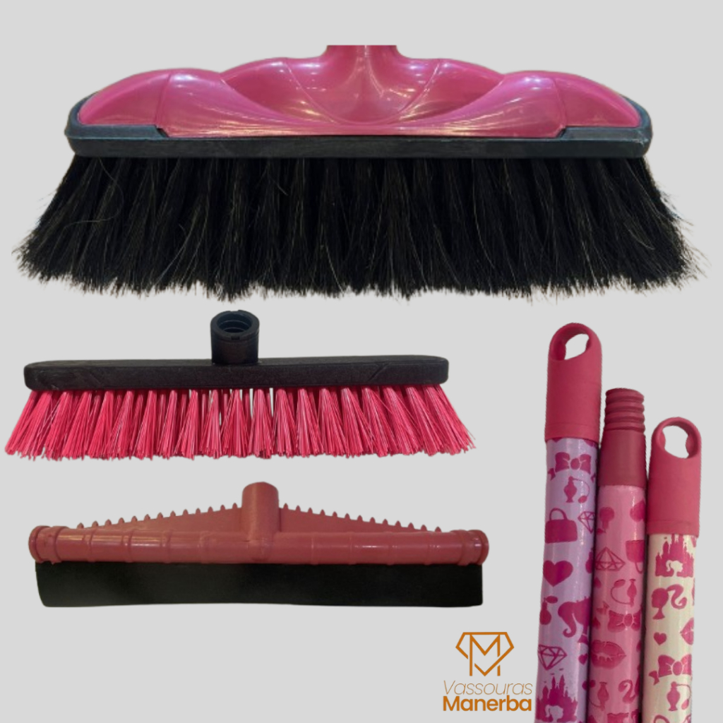 VASSOURA VERONA COMFORT PINK(PELO ANIMAL )COM 1 RODO PINK 30CM E 1 ESFREGAO PINK (COM CABO)