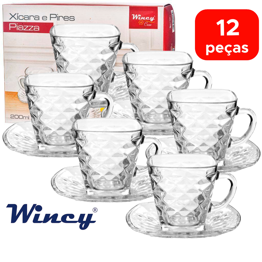 Kit jogo conjunto xicara 200ml 12 Peças sendo 6 Xícaras e 6 Pires Café Chá Cappuccino Vidro Elegante Durável em Oferta na Shopee