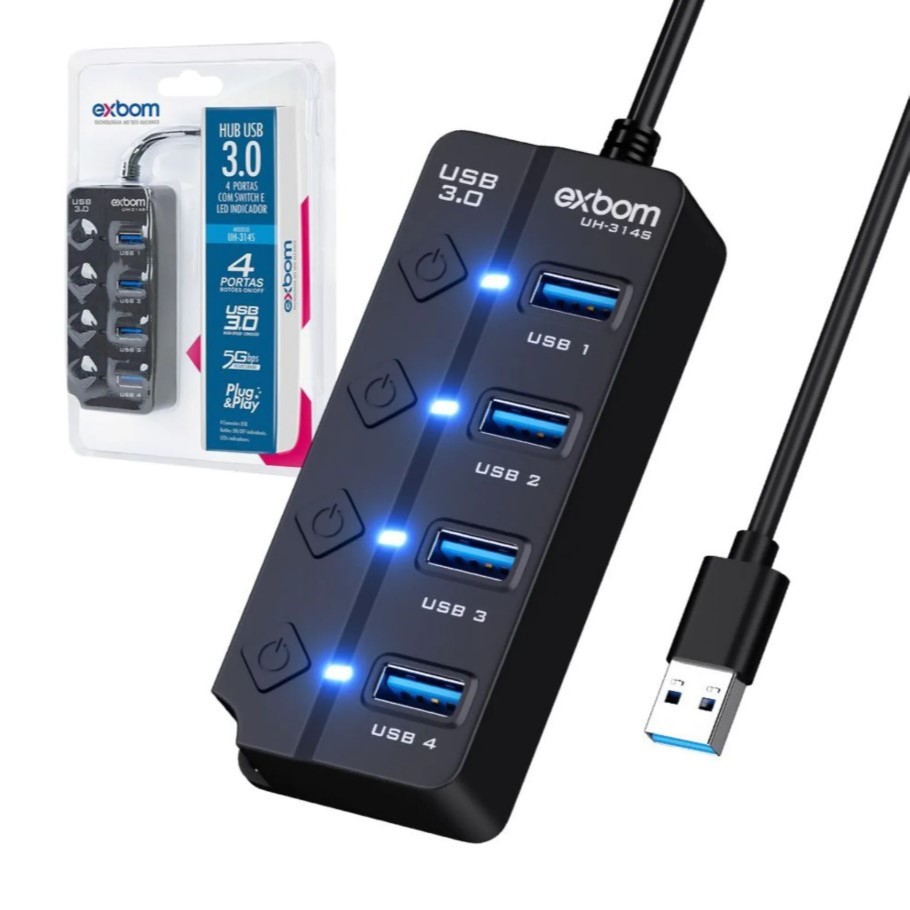 Hub Com Interruptores ON/OFF USB 3.0 4 em 1 UH-314S EXBOM em Oferta na Shopee