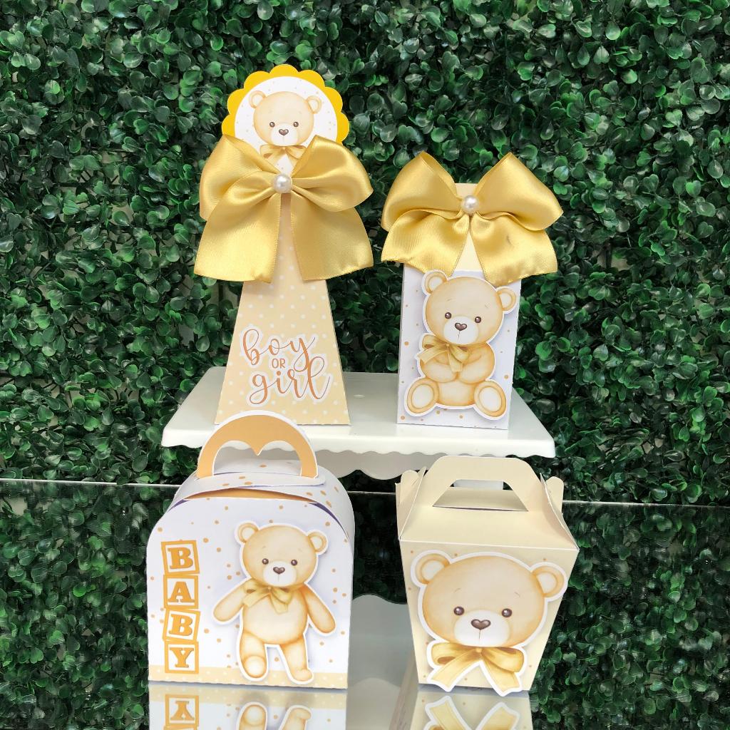 KIT FESTA CAIXINHAS PERSONALIZADAS CHÁ REVELAÇÃO URSINHO BEGE DOURADO LEMBRANCINHAS